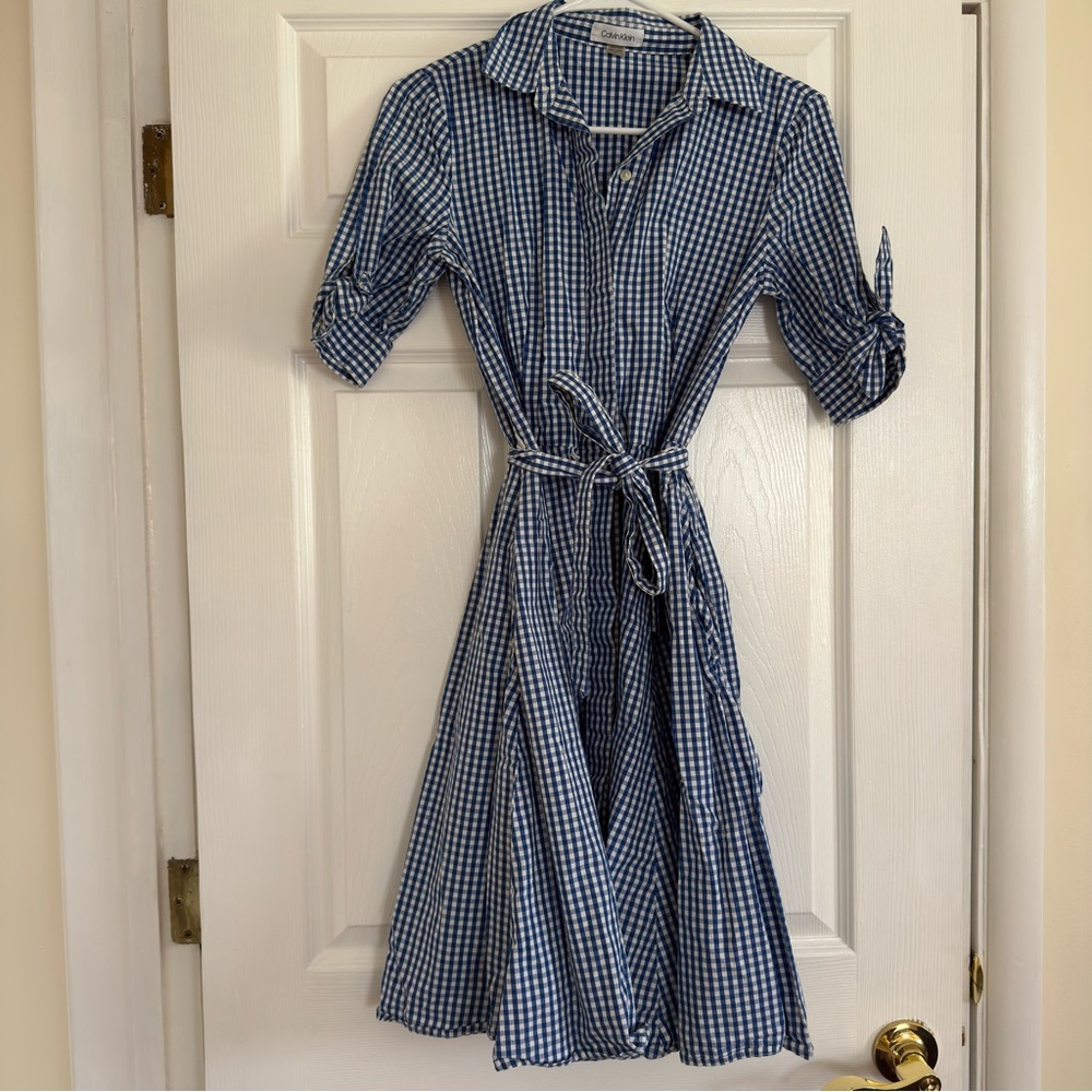 Calvin Klein Blue and White Gingham Shirt Dress